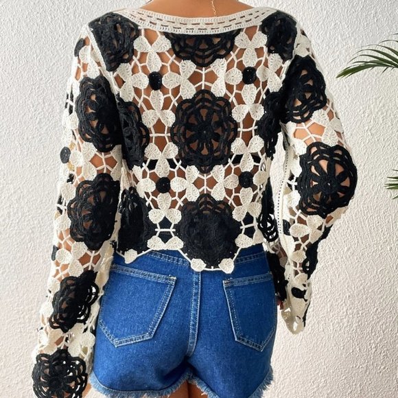 Boho Colorblock Scallop Trim Hollow Out Cover Up - Picture 2 of 5